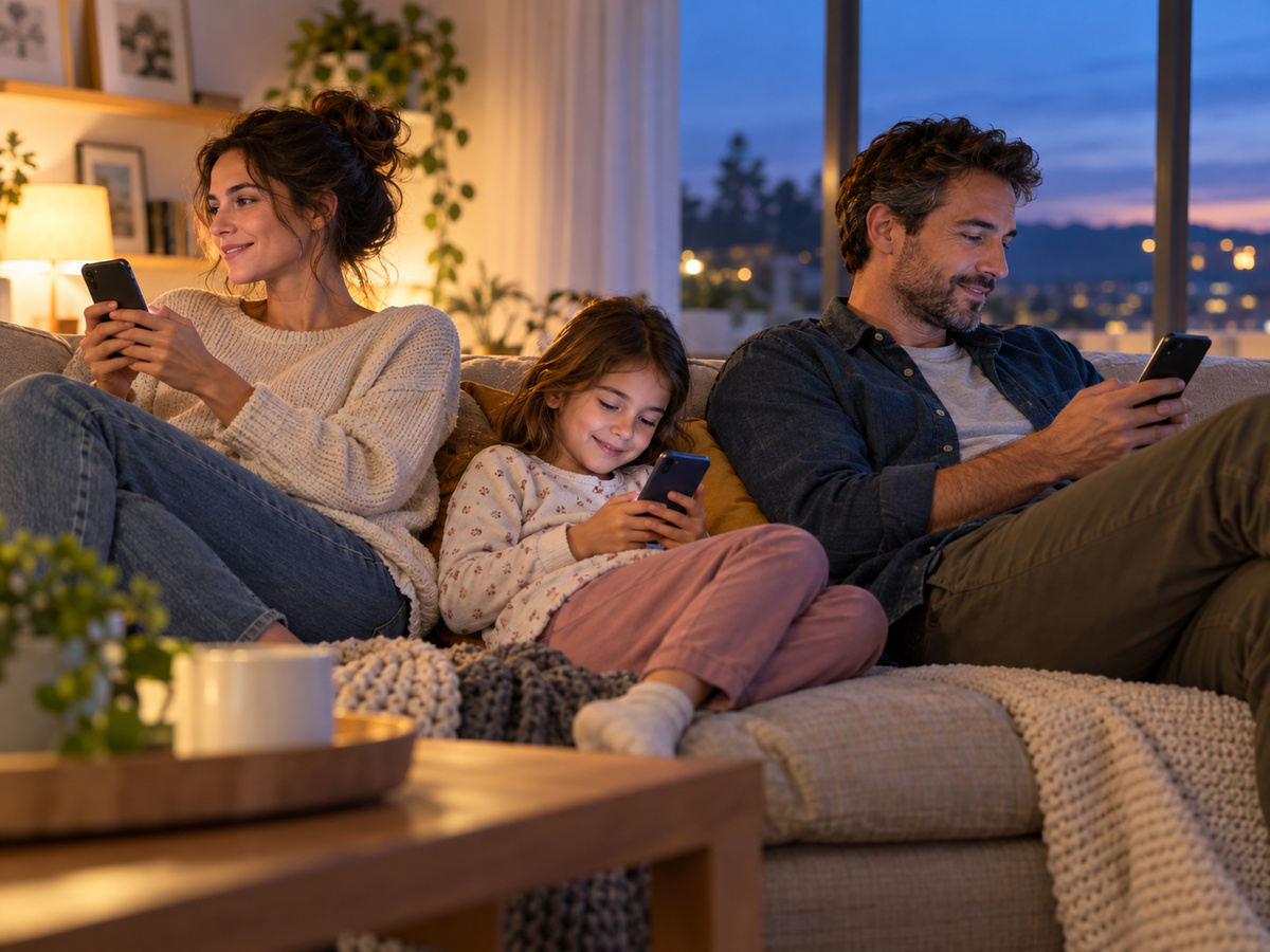 People with phones on a couch
